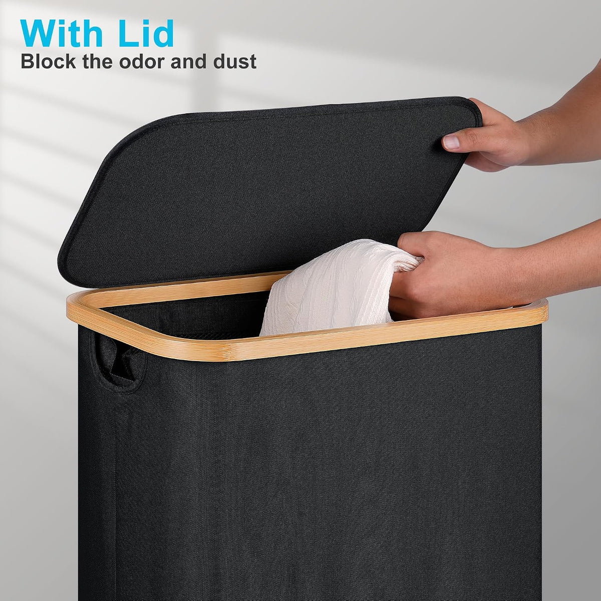 Laundry Basket with Wheels, Tall Rolling Laundry Hamper with Lid and Removable Bag, Aesthetic Dirty Clothes Hamper on Wheels for Laundry Room, Bedroom, Dorm and Bathroom, 100L Black
