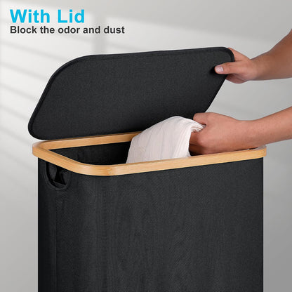 Laundry Basket with Wheels, Tall Rolling Laundry Hamper with Lid and Removable Bag, Aesthetic Dirty Clothes Hamper on Wheels for Laundry Room, Bedroom, Dorm and Bathroom, 100L Black