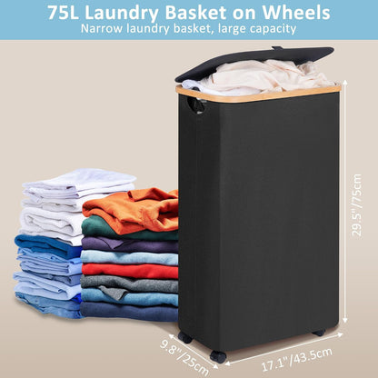 Laundry Basket with Wheels, Tall Rolling Laundry Hamper with Lid and Removable Bag, Aesthetic Dirty Clothes Hamper on Wheels for Laundry Room, Bedroom, Dorm and Bathroom, 100L Black