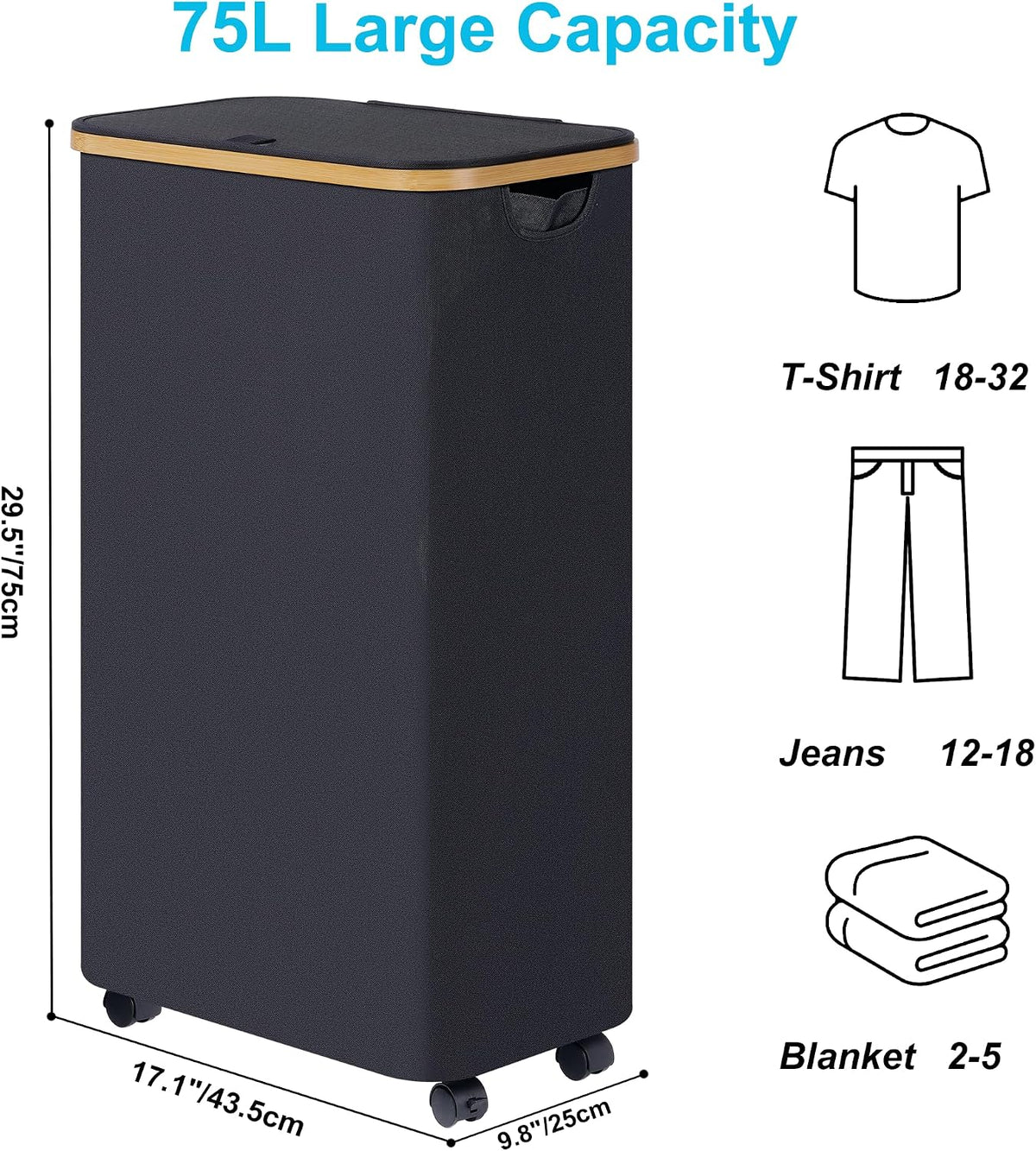 Laundry Basket with Wheels, Tall Rolling Laundry Hamper with Lid and Removable Bag, Aesthetic Dirty Clothes Hamper on Wheels for Laundry Room, Bedroom, Dorm and Bathroom, 100L Black