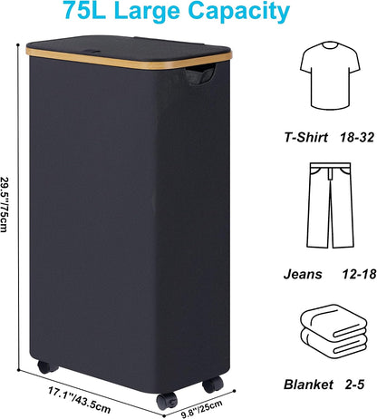 Laundry Basket with Wheels, Tall Rolling Laundry Hamper with Lid and Removable Bag, Aesthetic Dirty Clothes Hamper on Wheels for Laundry Room, Bedroom, Dorm and Bathroom, 100L Black