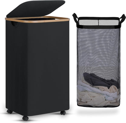 Laundry Basket with Wheels, Tall Rolling Laundry Hamper with Lid and Removable Bag, Aesthetic Dirty Clothes Hamper on Wheels for Laundry Room, Bedroom, Dorm and Bathroom, 100L Black