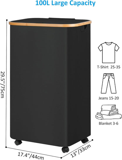 Laundry Basket with Wheels, Tall Rolling Laundry Hamper with Lid and Removable Bag, Aesthetic Dirty Clothes Hamper on Wheels for Laundry Room, Bedroom, Dorm and Bathroom, 100L Black
