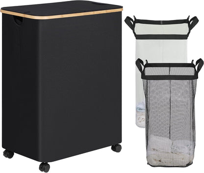 Laundry Basket with Wheels, Tall Rolling Laundry Hamper with Lid and Removable Bag, Aesthetic Dirty Clothes Hamper on Wheels for Laundry Room, Bedroom, Dorm and Bathroom, 100L Black