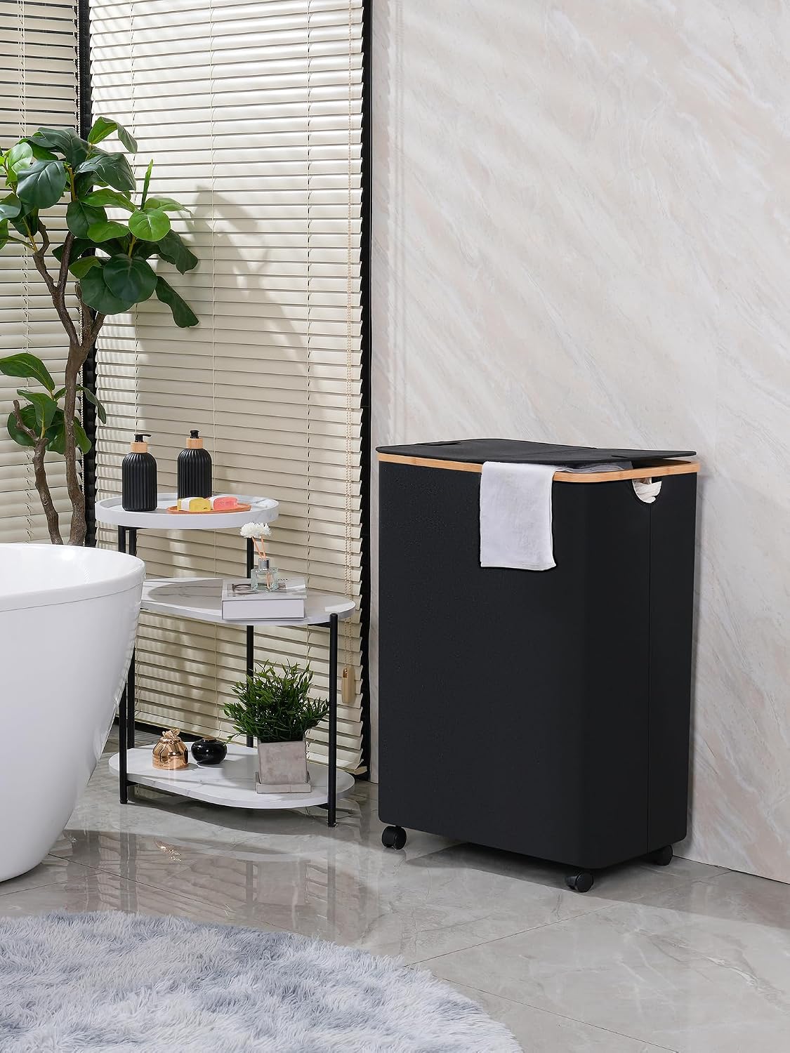 Laundry Basket with Wheels, Tall Rolling Laundry Hamper with Lid and Removable Bag, Aesthetic Dirty Clothes Hamper on Wheels for Laundry Room, Bedroom, Dorm and Bathroom, 100L Black