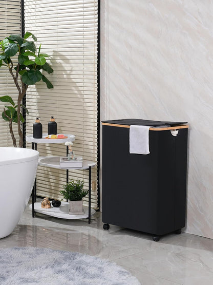 Laundry Basket with Wheels, Tall Rolling Laundry Hamper with Lid and Removable Bag, Aesthetic Dirty Clothes Hamper on Wheels for Laundry Room, Bedroom, Dorm and Bathroom, 100L Black