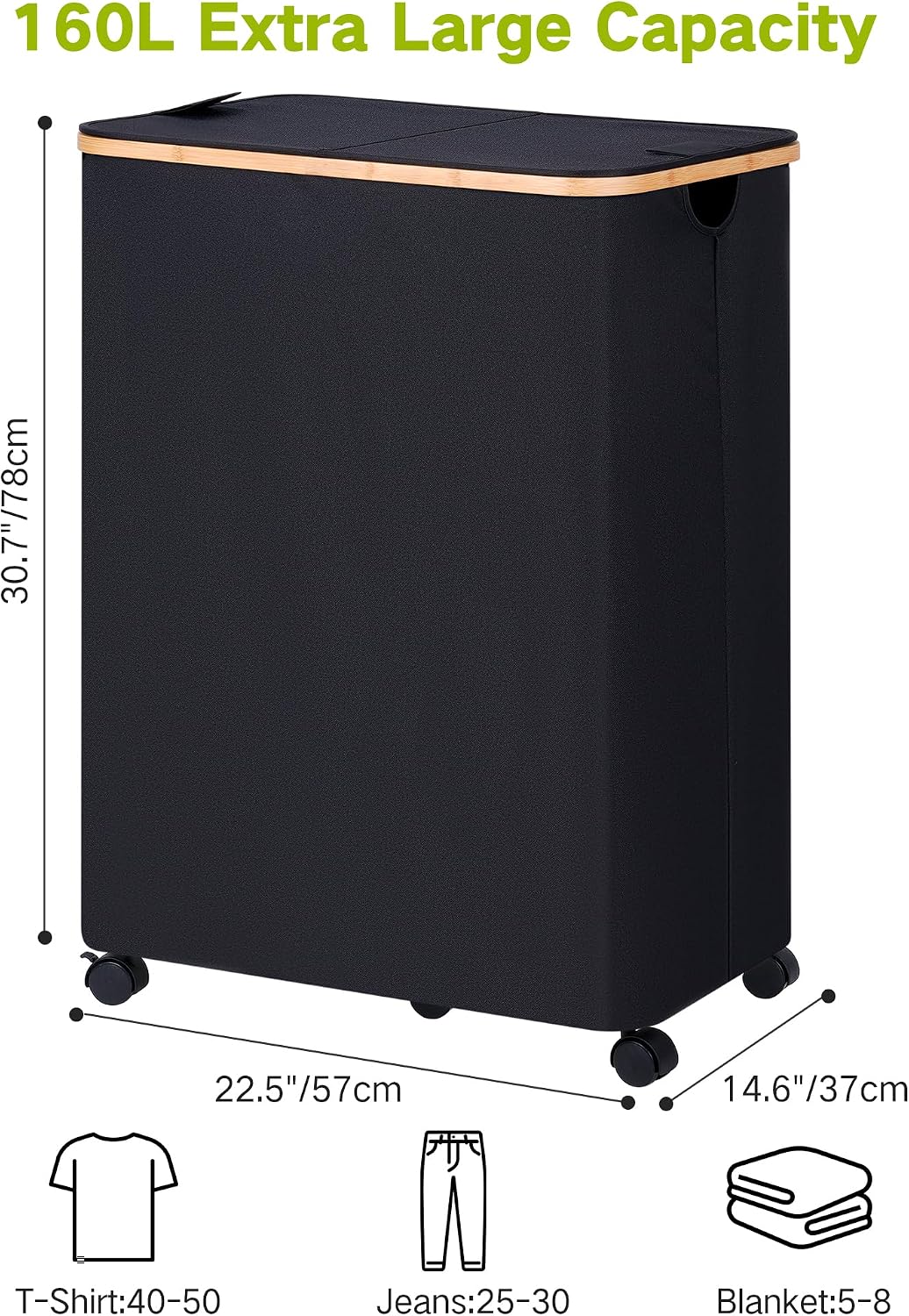 Laundry Basket with Wheels, Tall Rolling Laundry Hamper with Lid and Removable Bag, Aesthetic Dirty Clothes Hamper on Wheels for Laundry Room, Bedroom, Dorm and Bathroom, 100L Black
