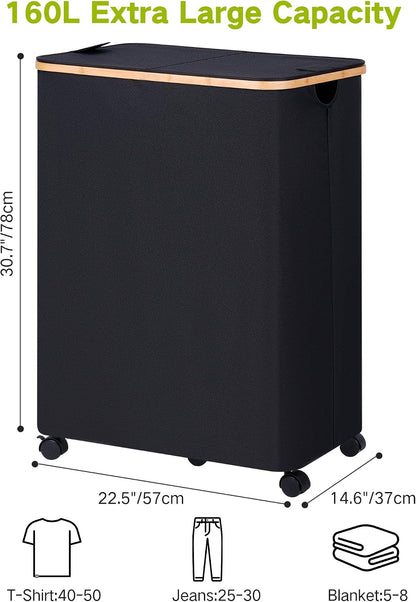 Laundry Basket with Wheels, Tall Rolling Laundry Hamper with Lid and Removable Bag, Aesthetic Dirty Clothes Hamper on Wheels for Laundry Room, Bedroom, Dorm and Bathroom, 100L Black