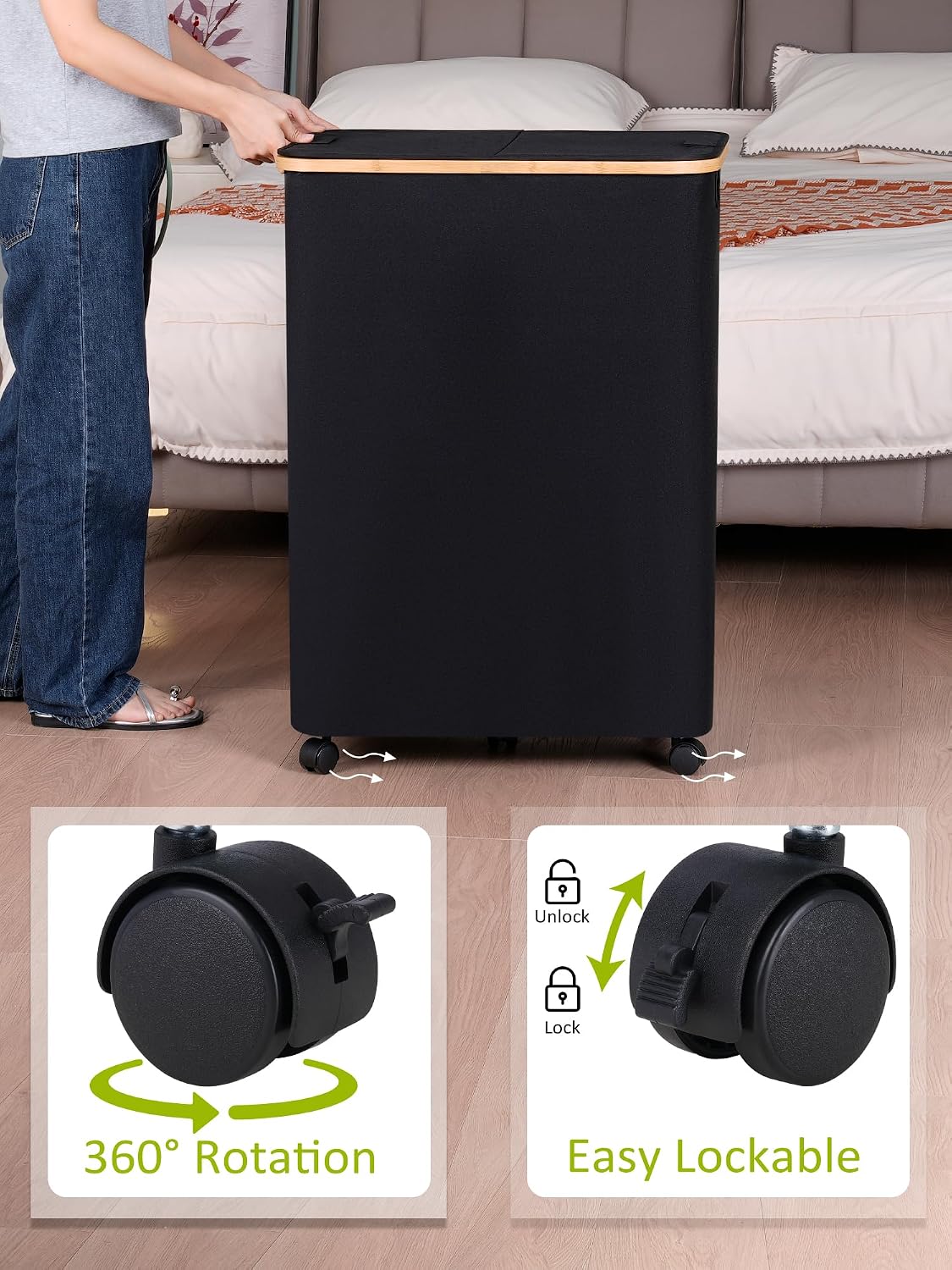 Laundry Basket with Wheels, Tall Rolling Laundry Hamper with Lid and Removable Bag, Aesthetic Dirty Clothes Hamper on Wheels for Laundry Room, Bedroom, Dorm and Bathroom, 100L Black