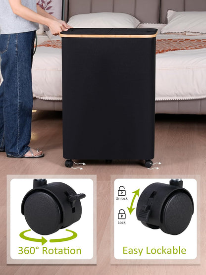 Laundry Basket with Wheels, Tall Rolling Laundry Hamper with Lid and Removable Bag, Aesthetic Dirty Clothes Hamper on Wheels for Laundry Room, Bedroom, Dorm and Bathroom, 100L Black