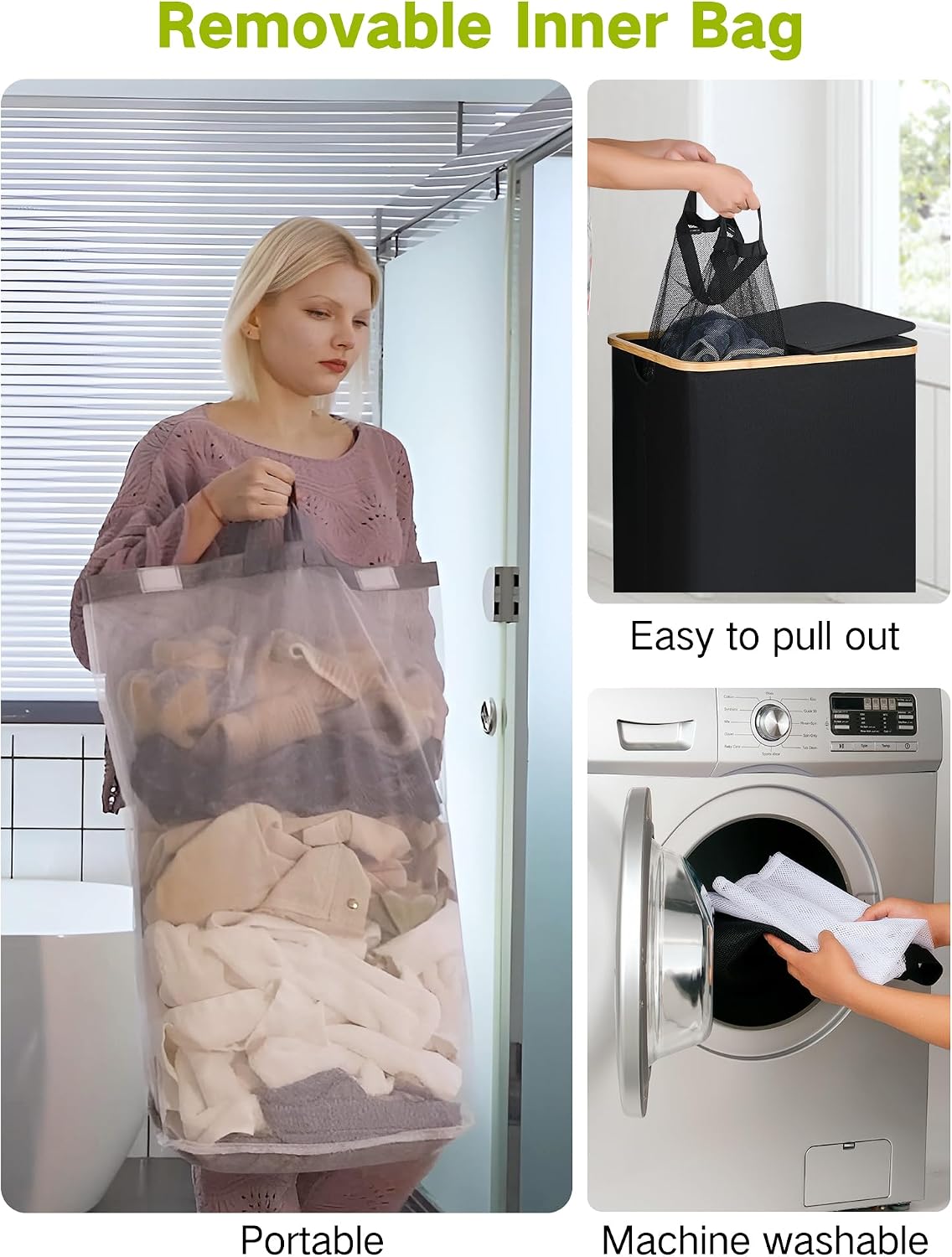 Laundry Basket with Wheels, Tall Rolling Laundry Hamper with Lid and Removable Bag, Aesthetic Dirty Clothes Hamper on Wheels for Laundry Room, Bedroom, Dorm and Bathroom, 100L Black