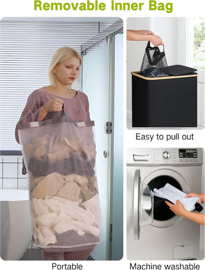 Laundry Basket with Wheels, Tall Rolling Laundry Hamper with Lid and Removable Bag, Aesthetic Dirty Clothes Hamper on Wheels for Laundry Room, Bedroom, Dorm and Bathroom, 100L Black