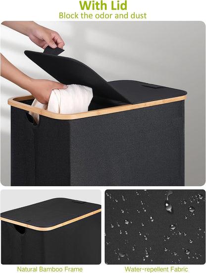 Laundry Basket with Wheels, Tall Rolling Laundry Hamper with Lid and Removable Bag, Aesthetic Dirty Clothes Hamper on Wheels for Laundry Room, Bedroom, Dorm and Bathroom, 100L Black