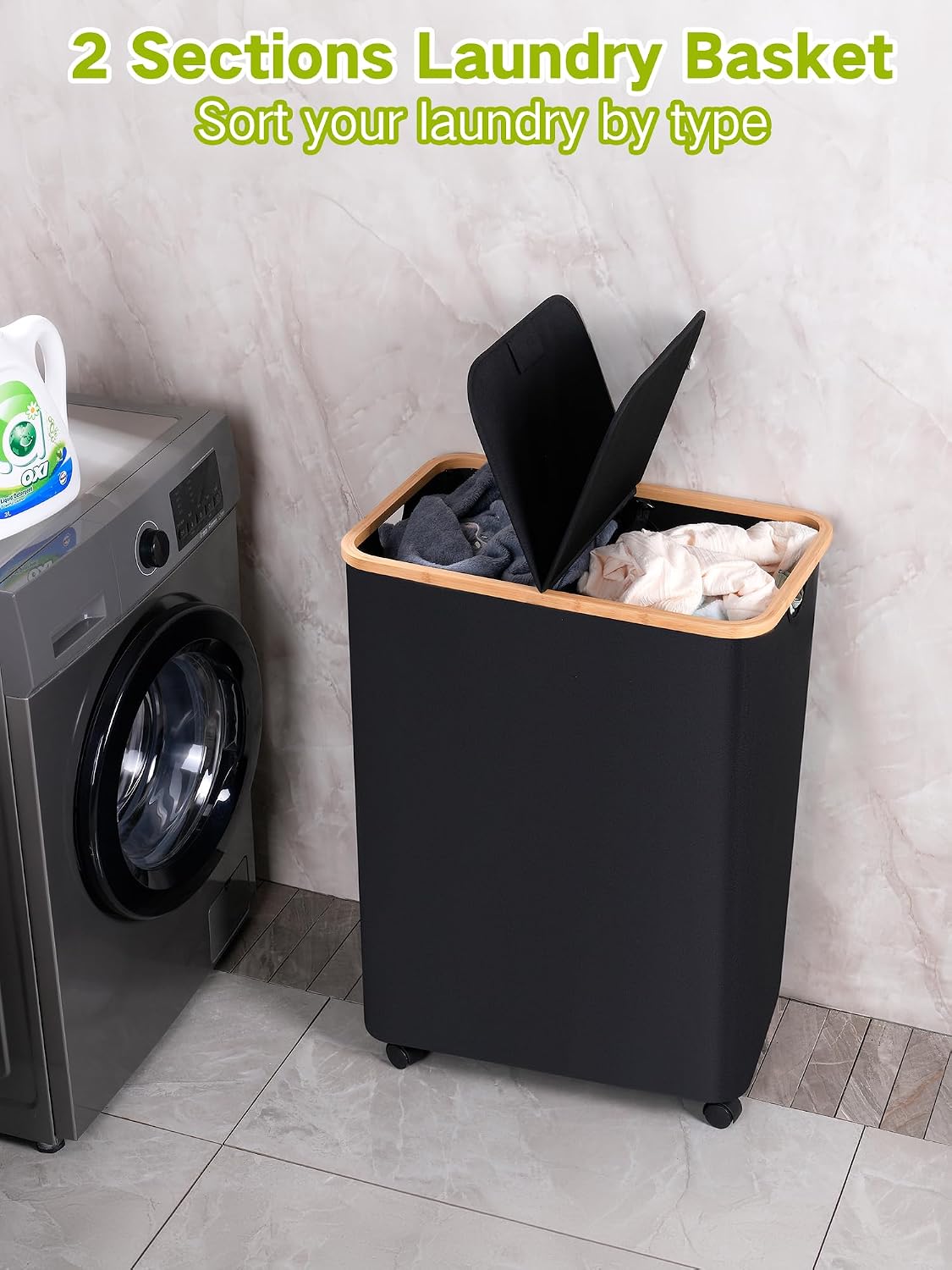 Laundry Basket with Wheels, Tall Rolling Laundry Hamper with Lid and Removable Bag, Aesthetic Dirty Clothes Hamper on Wheels for Laundry Room, Bedroom, Dorm and Bathroom, 100L Black