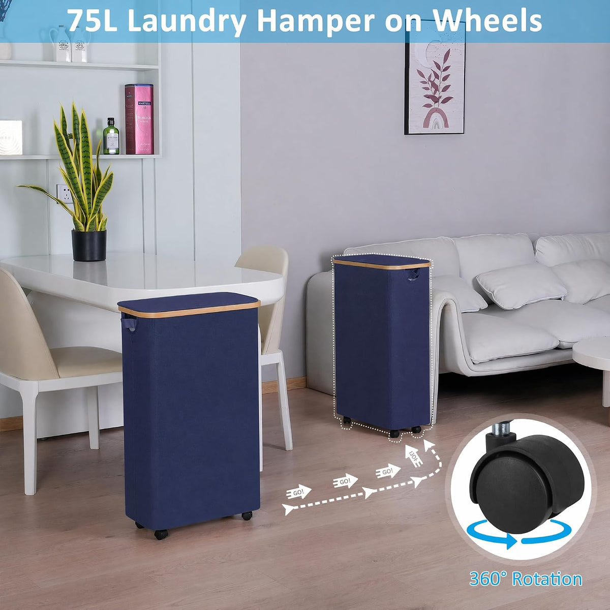 Laundry Basket with Wheels, Tall Rolling Laundry Hamper with Lid and Removable Bag, Aesthetic Dirty Clothes Hamper on Wheels for Laundry Room, Bedroom, Dorm and Bathroom, 100L Black