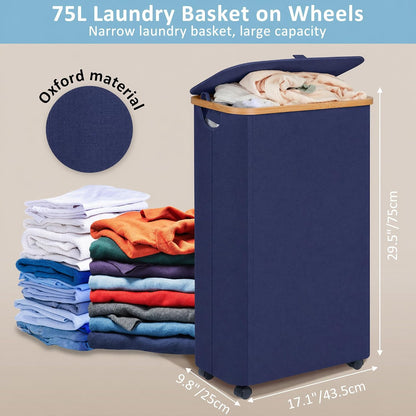 Laundry Basket with Wheels, Tall Rolling Laundry Hamper with Lid and Removable Bag, Aesthetic Dirty Clothes Hamper on Wheels for Laundry Room, Bedroom, Dorm and Bathroom, 100L Black