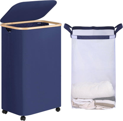 Laundry Basket with Wheels, Tall Rolling Laundry Hamper with Lid and Removable Bag, Aesthetic Dirty Clothes Hamper on Wheels for Laundry Room, Bedroom, Dorm and Bathroom, 100L Black