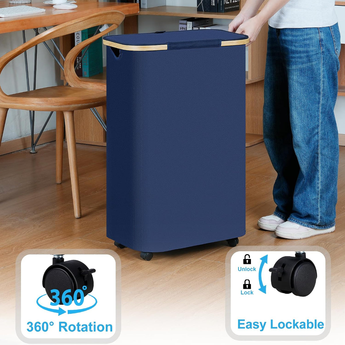 Laundry Basket with Wheels, Tall Rolling Laundry Hamper with Lid and Removable Bag, Aesthetic Dirty Clothes Hamper on Wheels for Laundry Room, Bedroom, Dorm and Bathroom, 100L Black