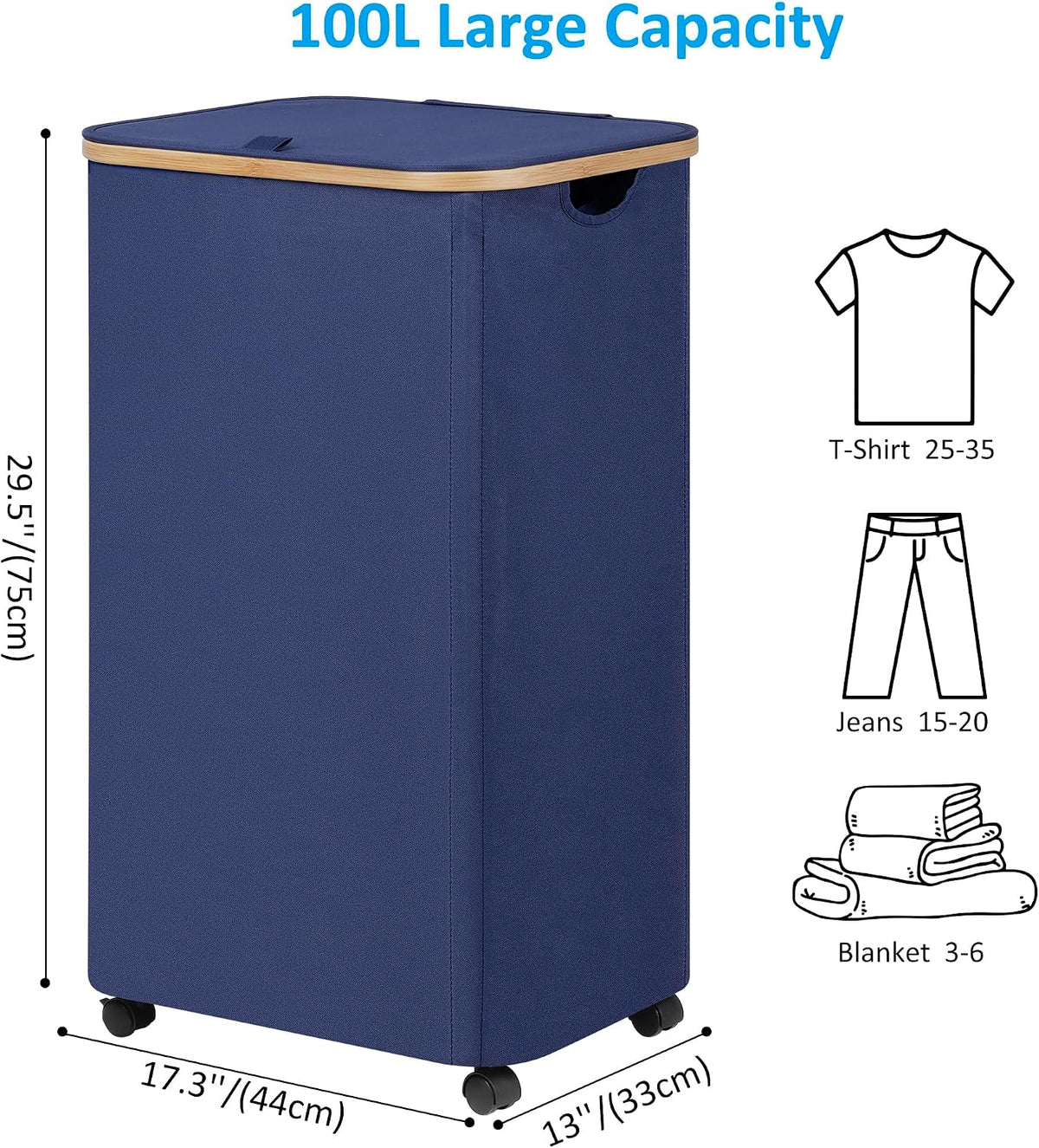 Laundry Basket with Wheels, Tall Rolling Laundry Hamper with Lid and Removable Bag, Aesthetic Dirty Clothes Hamper on Wheels for Laundry Room, Bedroom, Dorm and Bathroom, 100L Black