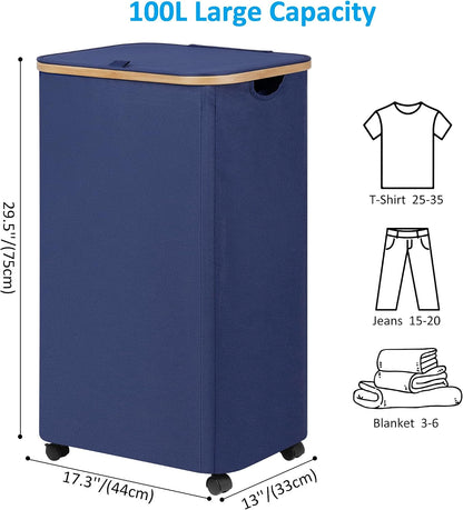 Laundry Basket with Wheels, Tall Rolling Laundry Hamper with Lid and Removable Bag, Aesthetic Dirty Clothes Hamper on Wheels for Laundry Room, Bedroom, Dorm and Bathroom, 100L Black