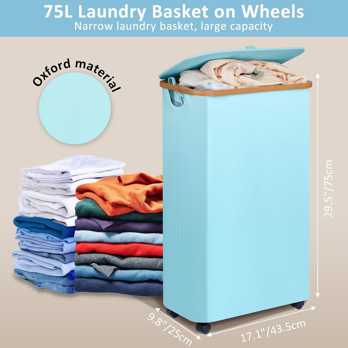Laundry Basket with Wheels, Tall Rolling Laundry Hamper with Lid and Removable Bag, Aesthetic Dirty Clothes Hamper on Wheels for Laundry Room, Bedroom, Dorm and Bathroom, 100L Black