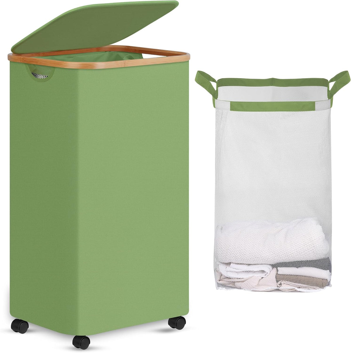 Laundry Basket with Wheels, Tall Rolling Laundry Hamper with Lid and Removable Bag, Aesthetic Dirty Clothes Hamper on Wheels for Laundry Room, Bedroom, Dorm and Bathroom, 100L Black