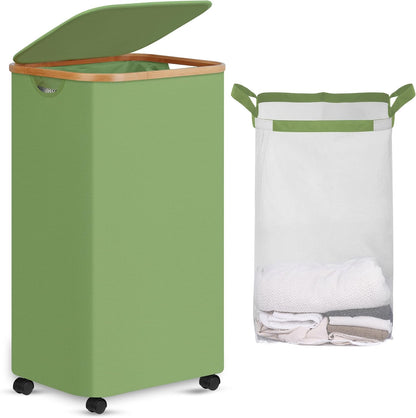 Laundry Basket with Wheels, Tall Rolling Laundry Hamper with Lid and Removable Bag, Aesthetic Dirty Clothes Hamper on Wheels for Laundry Room, Bedroom, Dorm and Bathroom, 100L Black