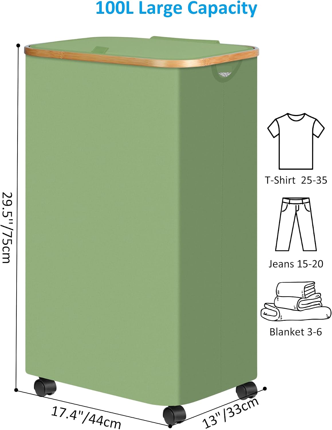 Laundry Basket with Wheels, Tall Rolling Laundry Hamper with Lid and Removable Bag, Aesthetic Dirty Clothes Hamper on Wheels for Laundry Room, Bedroom, Dorm and Bathroom, 100L Black