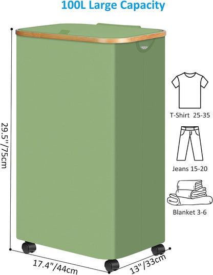 Laundry Basket with Wheels, Tall Rolling Laundry Hamper with Lid and Removable Bag, Aesthetic Dirty Clothes Hamper on Wheels for Laundry Room, Bedroom, Dorm and Bathroom, 100L Black