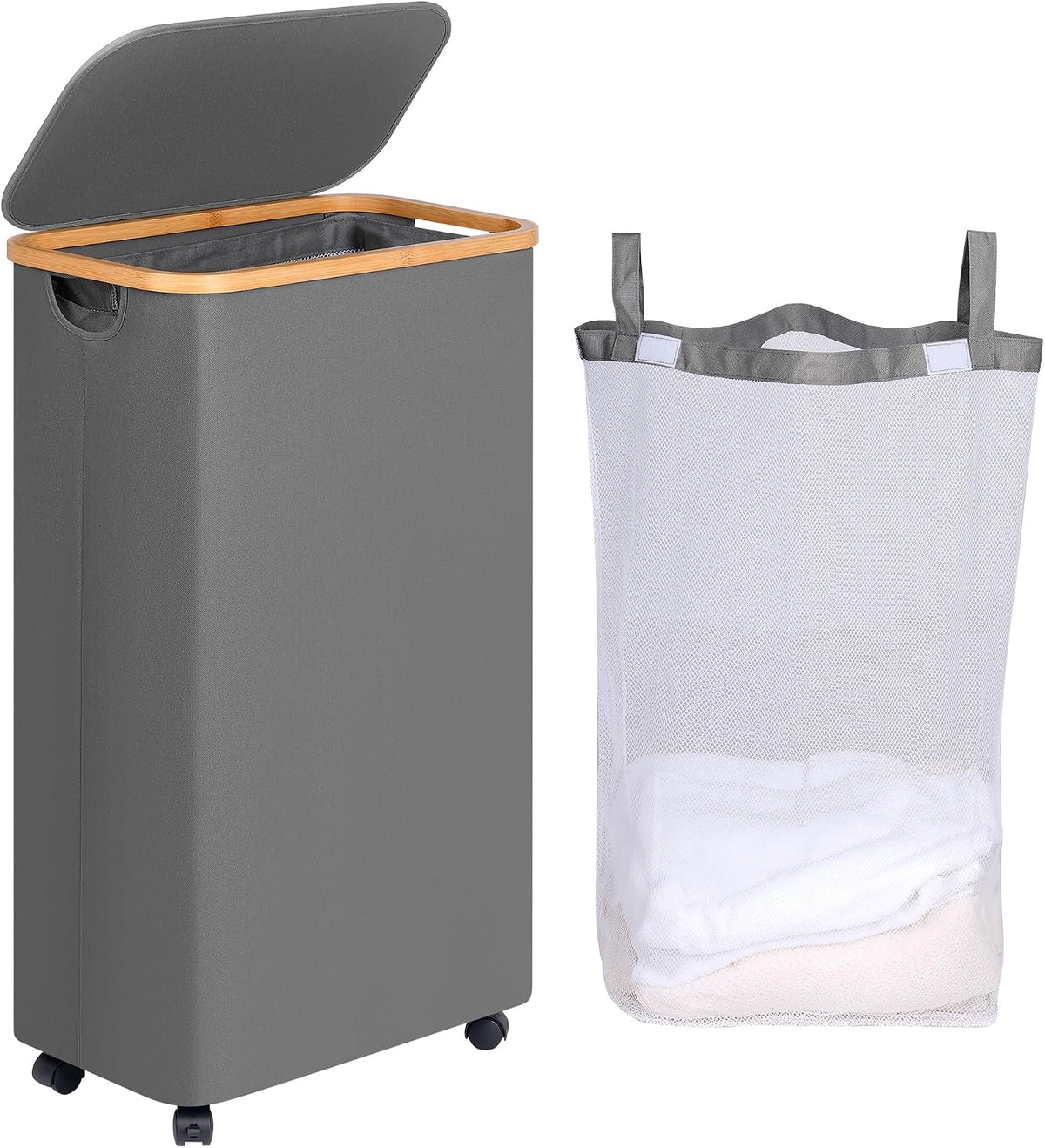 Laundry Basket with Wheels, Tall Rolling Laundry Hamper with Lid and Removable Bag, Aesthetic Dirty Clothes Hamper on Wheels for Laundry Room, Bedroom, Dorm and Bathroom, 100L Black
