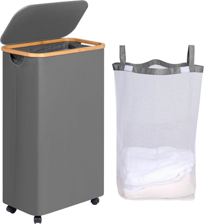 Laundry Basket with Wheels, Tall Rolling Laundry Hamper with Lid and Removable Bag, Aesthetic Dirty Clothes Hamper on Wheels for Laundry Room, Bedroom, Dorm and Bathroom, 100L Black