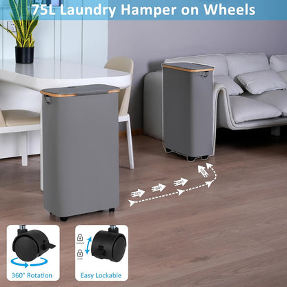 Laundry Basket with Wheels, Tall Rolling Laundry Hamper with Lid and Removable Bag, Aesthetic Dirty Clothes Hamper on Wheels for Laundry Room, Bedroom, Dorm and Bathroom, 100L Black