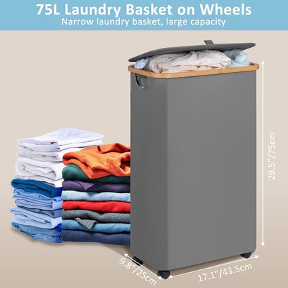 Laundry Basket with Wheels, Tall Rolling Laundry Hamper with Lid and Removable Bag, Aesthetic Dirty Clothes Hamper on Wheels for Laundry Room, Bedroom, Dorm and Bathroom, 100L Black