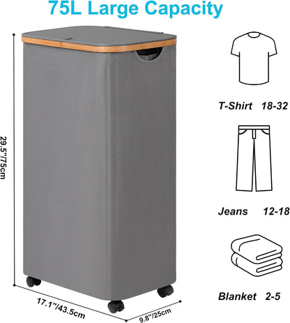 Laundry Basket with Wheels, Tall Rolling Laundry Hamper with Lid and Removable Bag, Aesthetic Dirty Clothes Hamper on Wheels for Laundry Room, Bedroom, Dorm and Bathroom, 100L Black