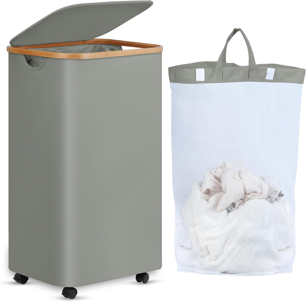 Laundry Basket with Wheels, Tall Rolling Laundry Hamper with Lid and Removable Bag, Aesthetic Dirty Clothes Hamper on Wheels for Laundry Room, Bedroom, Dorm and Bathroom, 100L Black