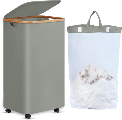 Laundry Basket with Wheels, Tall Rolling Laundry Hamper with Lid and Removable Bag, Aesthetic Dirty Clothes Hamper on Wheels for Laundry Room, Bedroom, Dorm and Bathroom, 100L Black