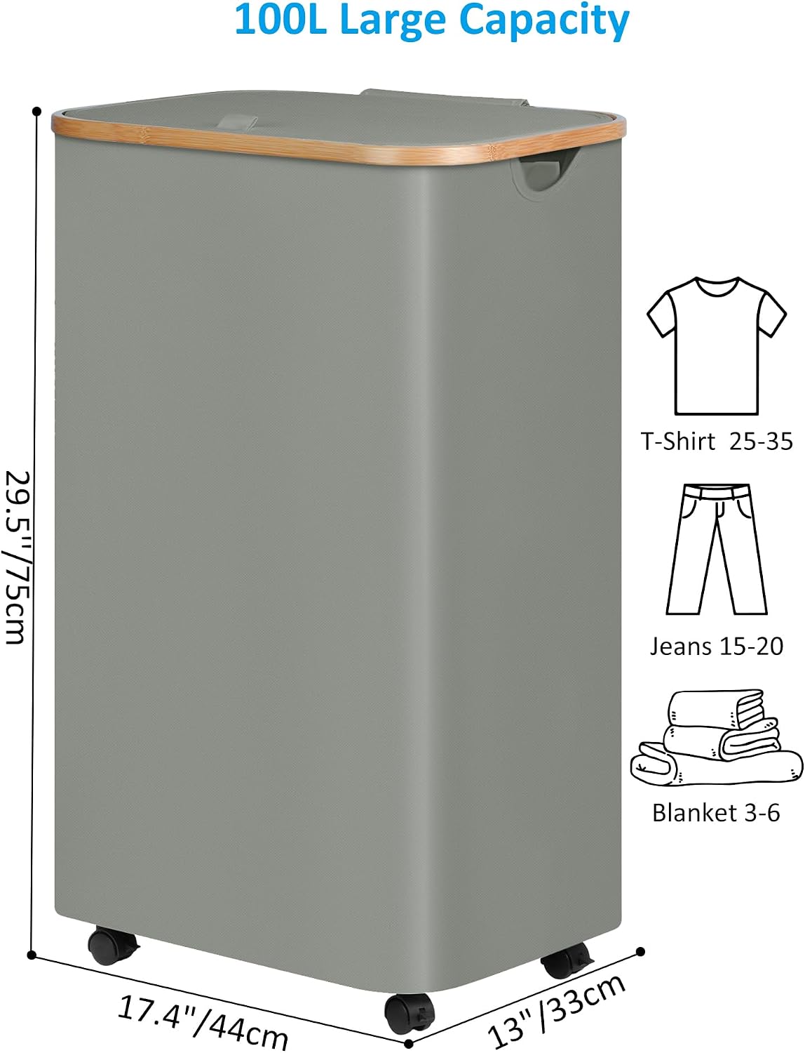 Laundry Basket with Wheels, Tall Rolling Laundry Hamper with Lid and Removable Bag, Aesthetic Dirty Clothes Hamper on Wheels for Laundry Room, Bedroom, Dorm and Bathroom, 100L Black