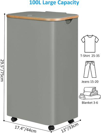 Laundry Basket with Wheels, Tall Rolling Laundry Hamper with Lid and Removable Bag, Aesthetic Dirty Clothes Hamper on Wheels for Laundry Room, Bedroom, Dorm and Bathroom, 100L Black