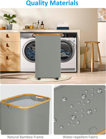 Laundry Basket with Wheels, Tall Rolling Laundry Hamper with Lid and Removable Bag, Aesthetic Dirty Clothes Hamper on Wheels for Laundry Room, Bedroom, Dorm and Bathroom, 100L Black
