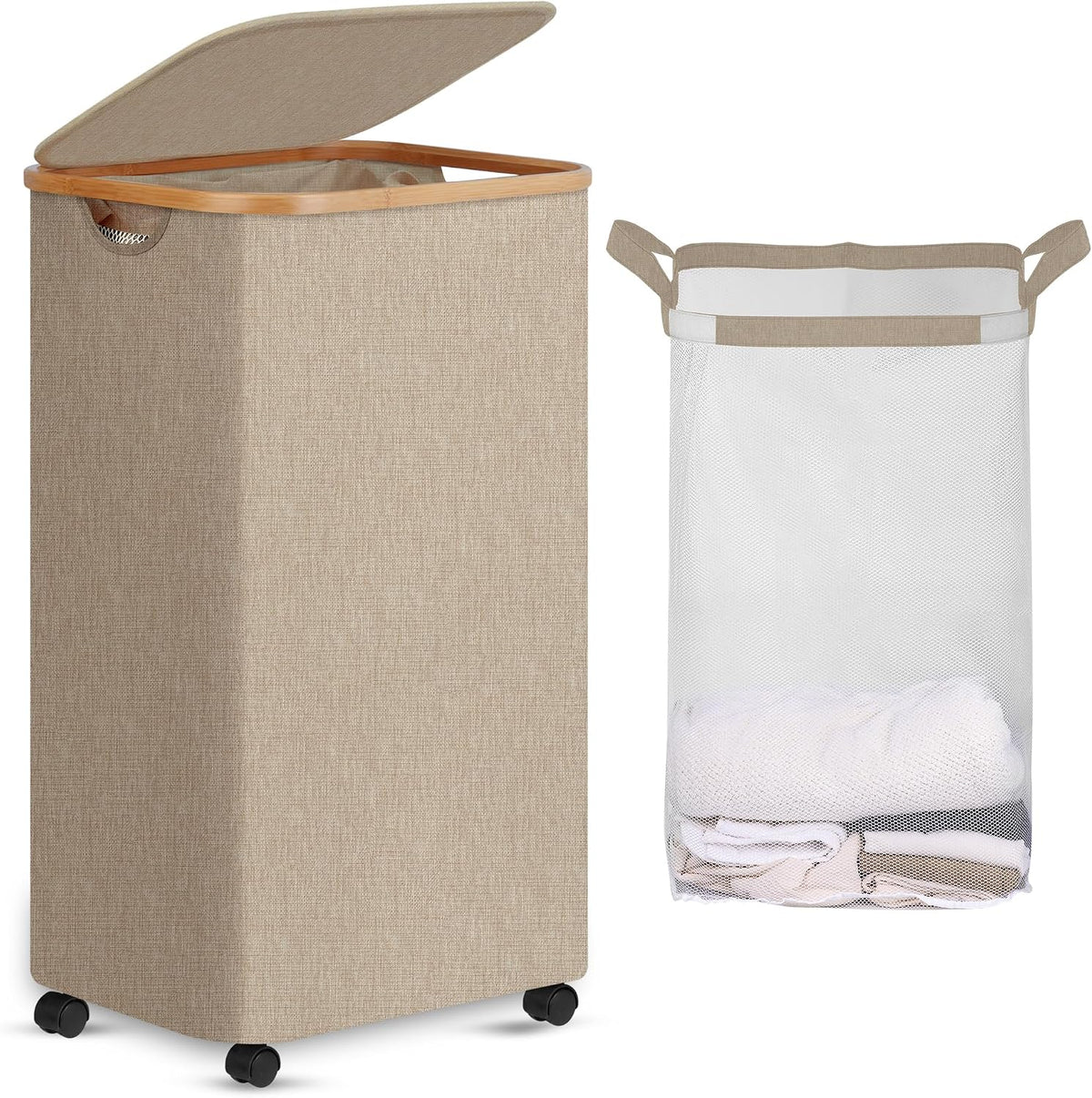 Laundry Basket with Wheels, Tall Rolling Laundry Hamper with Lid and Removable Bag, Aesthetic Dirty Clothes Hamper on Wheels for Laundry Room, Bedroom, Dorm and Bathroom, 100L Black