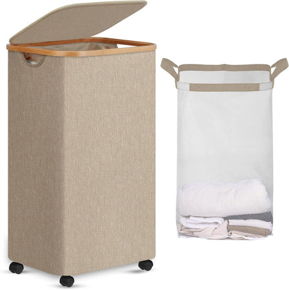 Laundry Basket with Wheels, Tall Rolling Laundry Hamper with Lid and Removable Bag, Aesthetic Dirty Clothes Hamper on Wheels for Laundry Room, Bedroom, Dorm and Bathroom, 100L Black