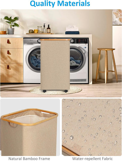 Laundry Basket with Wheels, Tall Rolling Laundry Hamper with Lid and Removable Bag, Aesthetic Dirty Clothes Hamper on Wheels for Laundry Room, Bedroom, Dorm and Bathroom, 100L Black