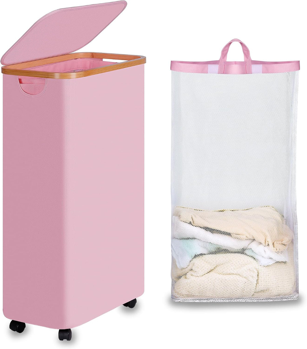 Laundry Basket with Wheels, Tall Rolling Laundry Hamper with Lid and Removable Bag, Aesthetic Dirty Clothes Hamper on Wheels for Laundry Room, Bedroom, Dorm and Bathroom, 100L Black