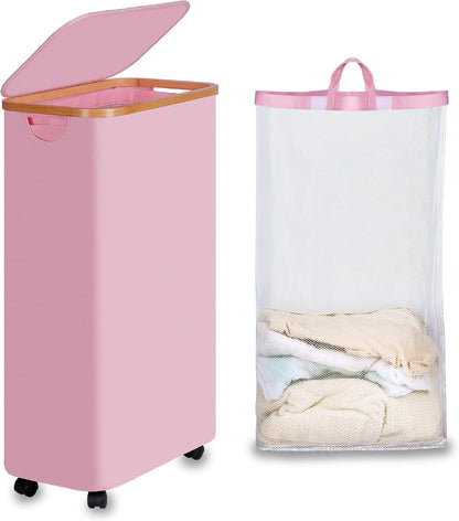 Laundry Basket with Wheels, Tall Rolling Laundry Hamper with Lid and Removable Bag, Aesthetic Dirty Clothes Hamper on Wheels for Laundry Room, Bedroom, Dorm and Bathroom, 100L Black