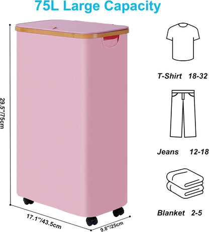 Laundry Basket with Wheels, Tall Rolling Laundry Hamper with Lid and Removable Bag, Aesthetic Dirty Clothes Hamper on Wheels for Laundry Room, Bedroom, Dorm and Bathroom, 100L Black