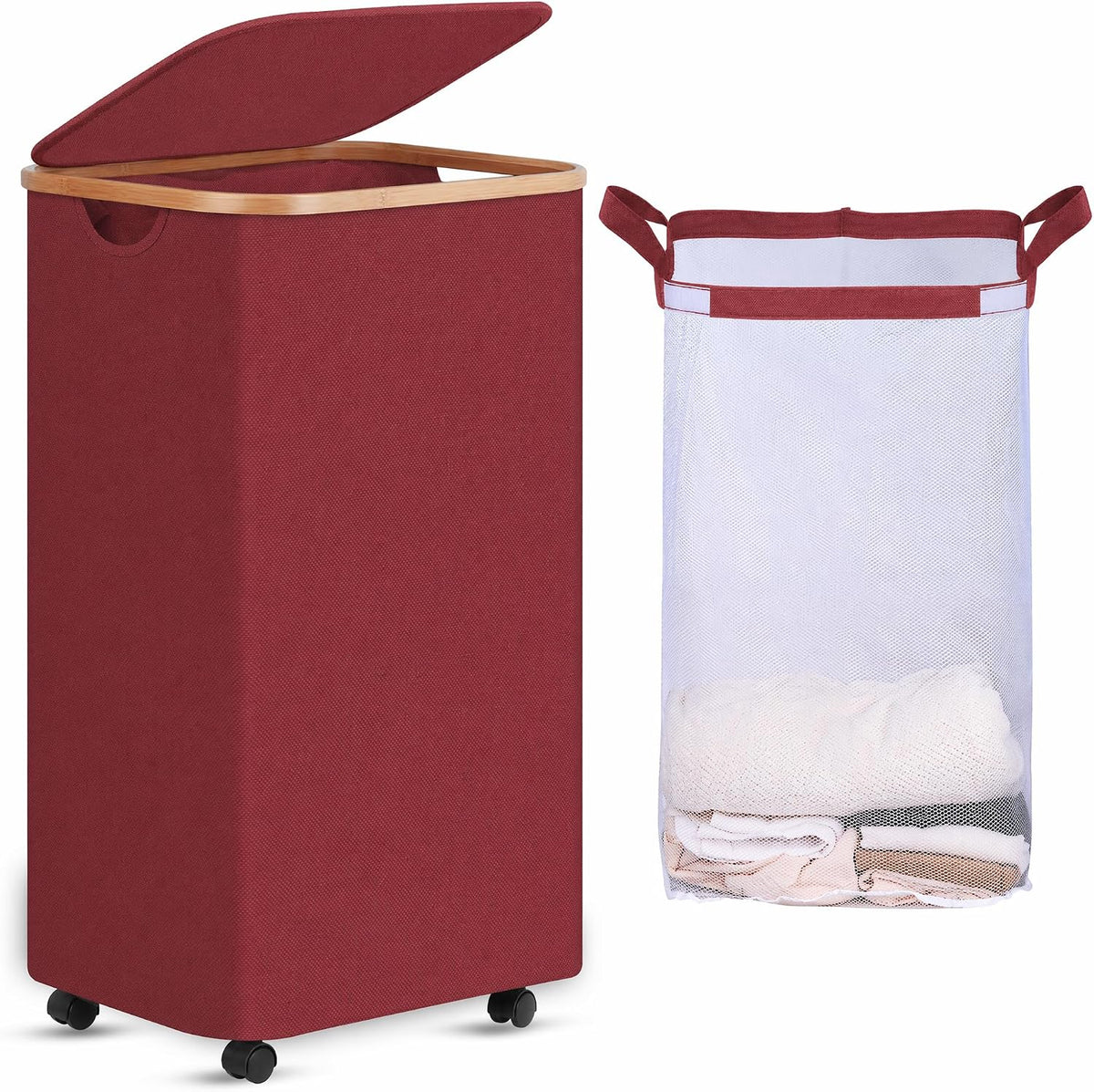 Laundry Basket with Wheels, Tall Rolling Laundry Hamper with Lid and Removable Bag, Aesthetic Dirty Clothes Hamper on Wheels for Laundry Room, Bedroom, Dorm and Bathroom, 100L Black