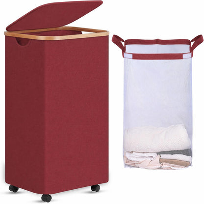 Laundry Basket with Wheels, Tall Rolling Laundry Hamper with Lid and Removable Bag, Aesthetic Dirty Clothes Hamper on Wheels for Laundry Room, Bedroom, Dorm and Bathroom, 100L Black