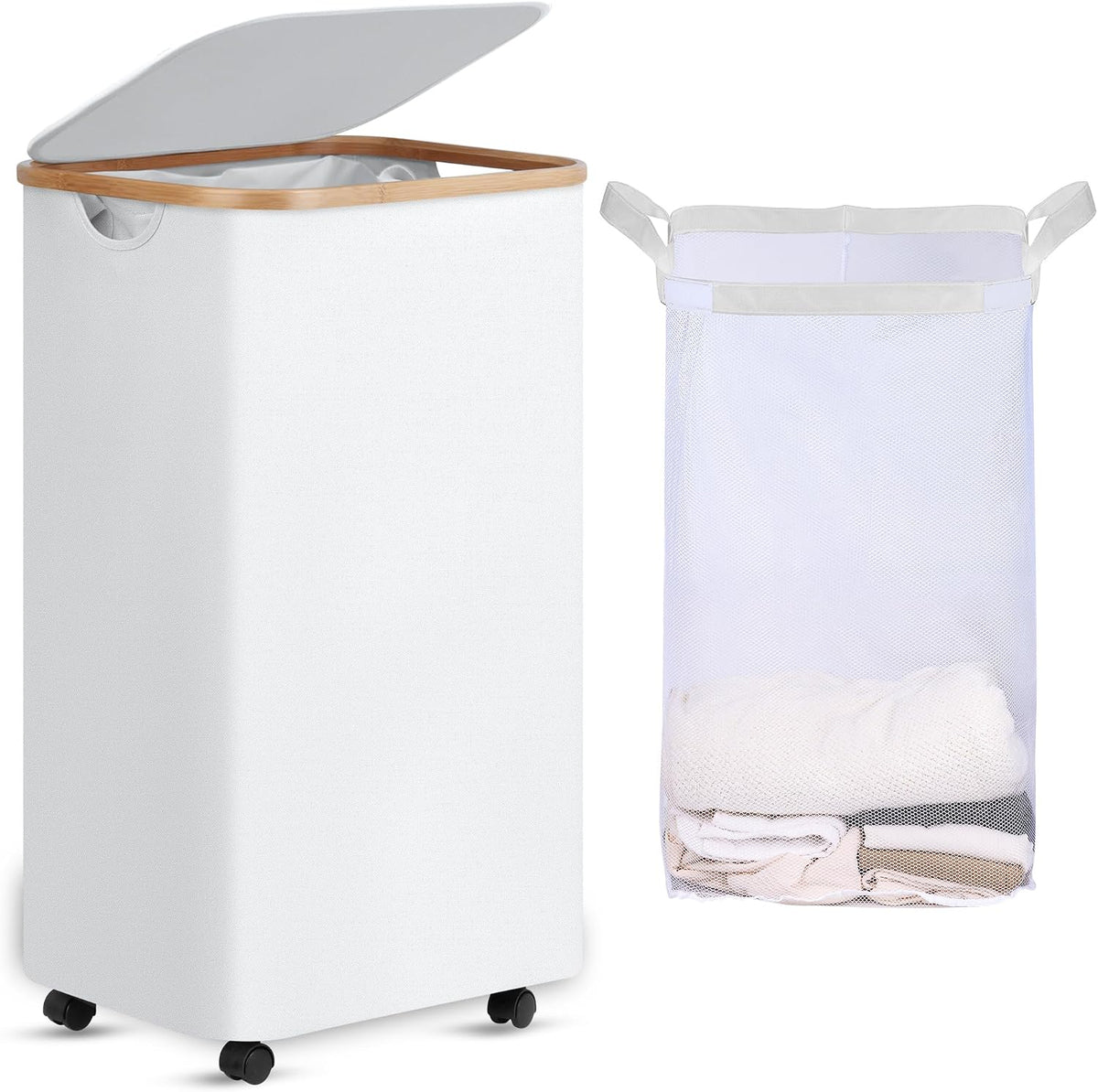 Laundry Basket with Wheels, Tall Rolling Laundry Hamper with Lid and Removable Bag, Aesthetic Dirty Clothes Hamper on Wheels for Laundry Room, Bedroom, Dorm and Bathroom, 100L Black
