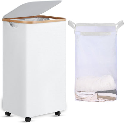 Laundry Basket with Wheels, Tall Rolling Laundry Hamper with Lid and Removable Bag, Aesthetic Dirty Clothes Hamper on Wheels for Laundry Room, Bedroom, Dorm and Bathroom, 100L Black