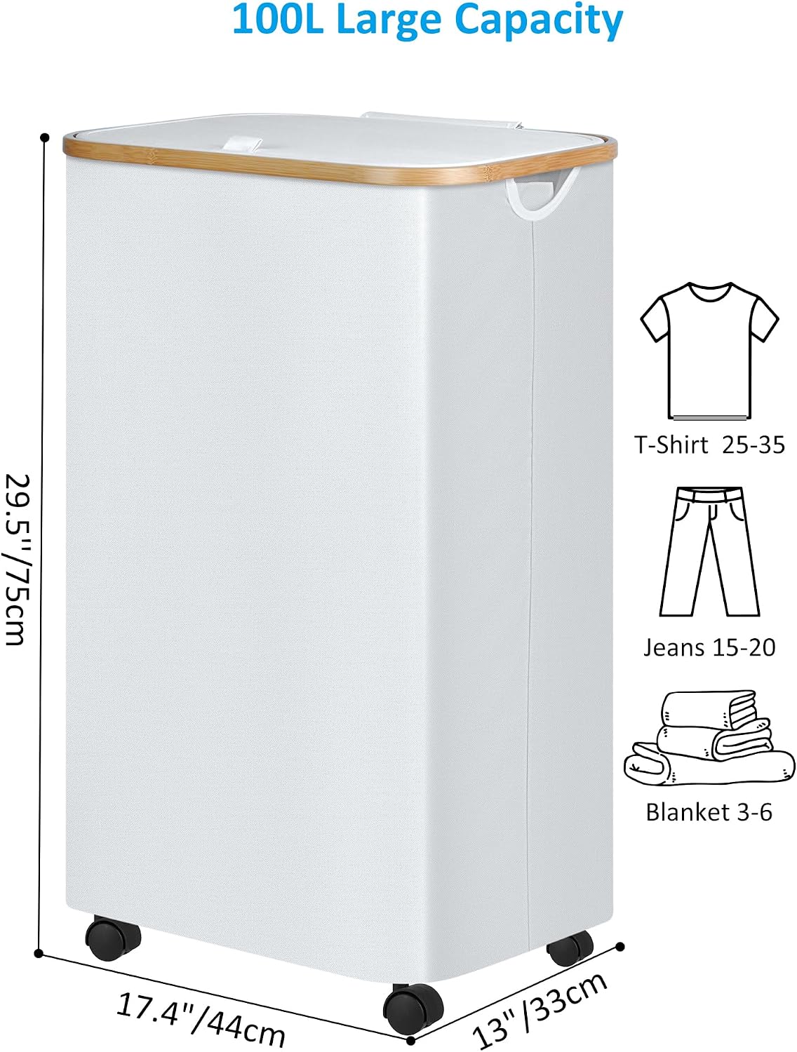 Laundry Basket with Wheels, Tall Rolling Laundry Hamper with Lid and Removable Bag, Aesthetic Dirty Clothes Hamper on Wheels for Laundry Room, Bedroom, Dorm and Bathroom, 100L Black